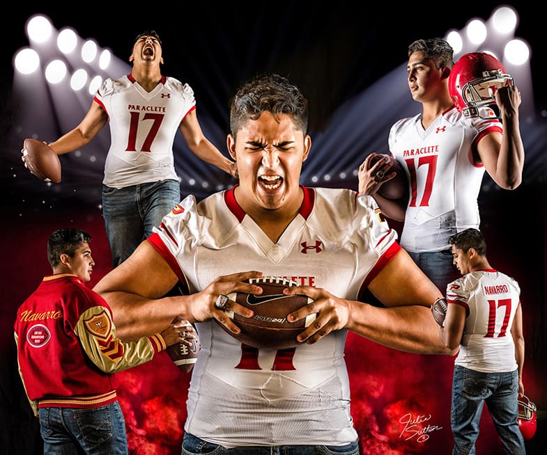 Navarro Montage of young man in football jersey holding football and helmet with stadium lights and red smoke
